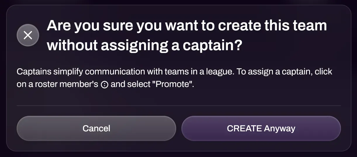 Screenshot of the warning message for a team with no Team Captain