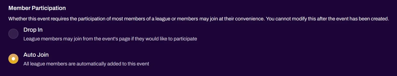 Screenshot of the Member Participation options in the league event creator