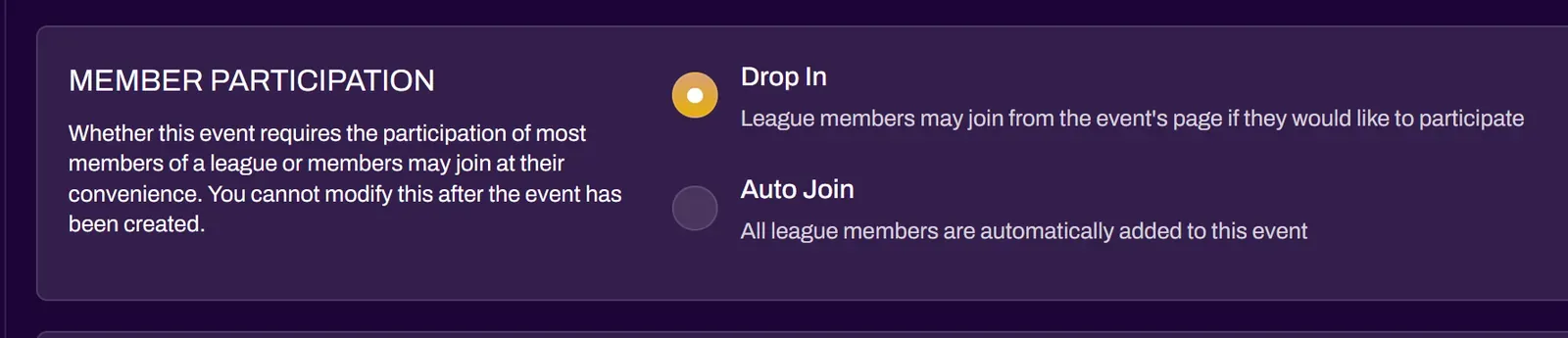 Screenshot of the Member Participation options in the league event creator
