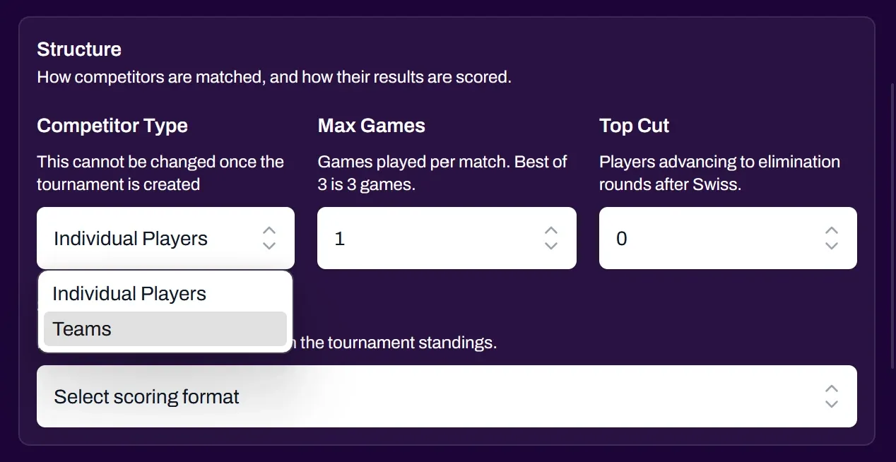 Screenshot of the Competitor Type options, Individual Players and Teams, in the tournament creator