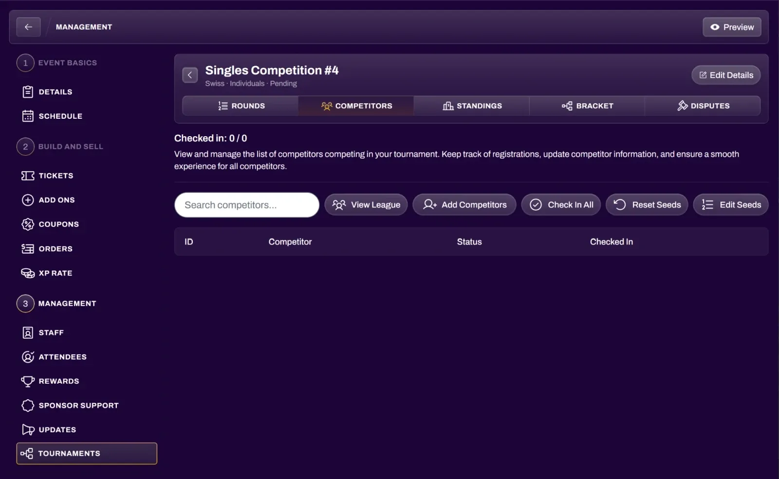 Screenshot of the Competitors subtab with the View League, Add Competitors, and Check In All buttons