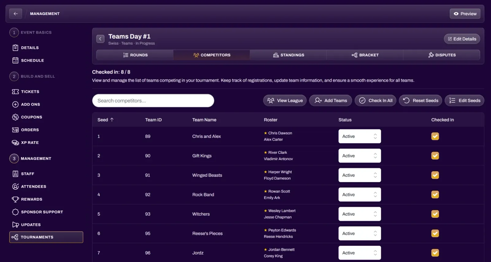 Screenshot of a team tournament's Competitors list with rosters, captain stars, and the Checked In column