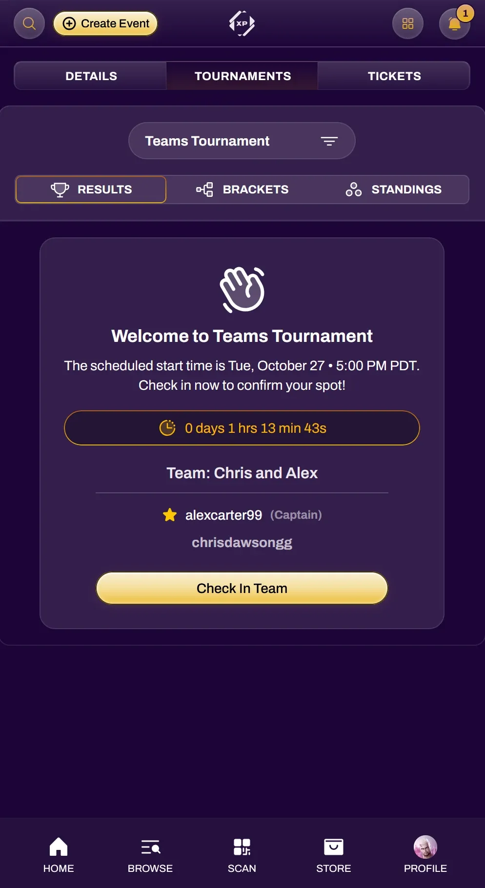 Screenshot of a team captain's tournament page with the Check In Team button