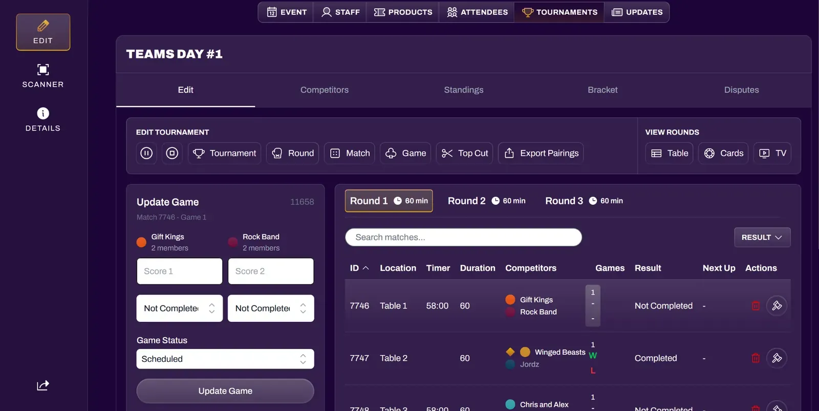 Screenshot of the tournament organizer view for a league tournament