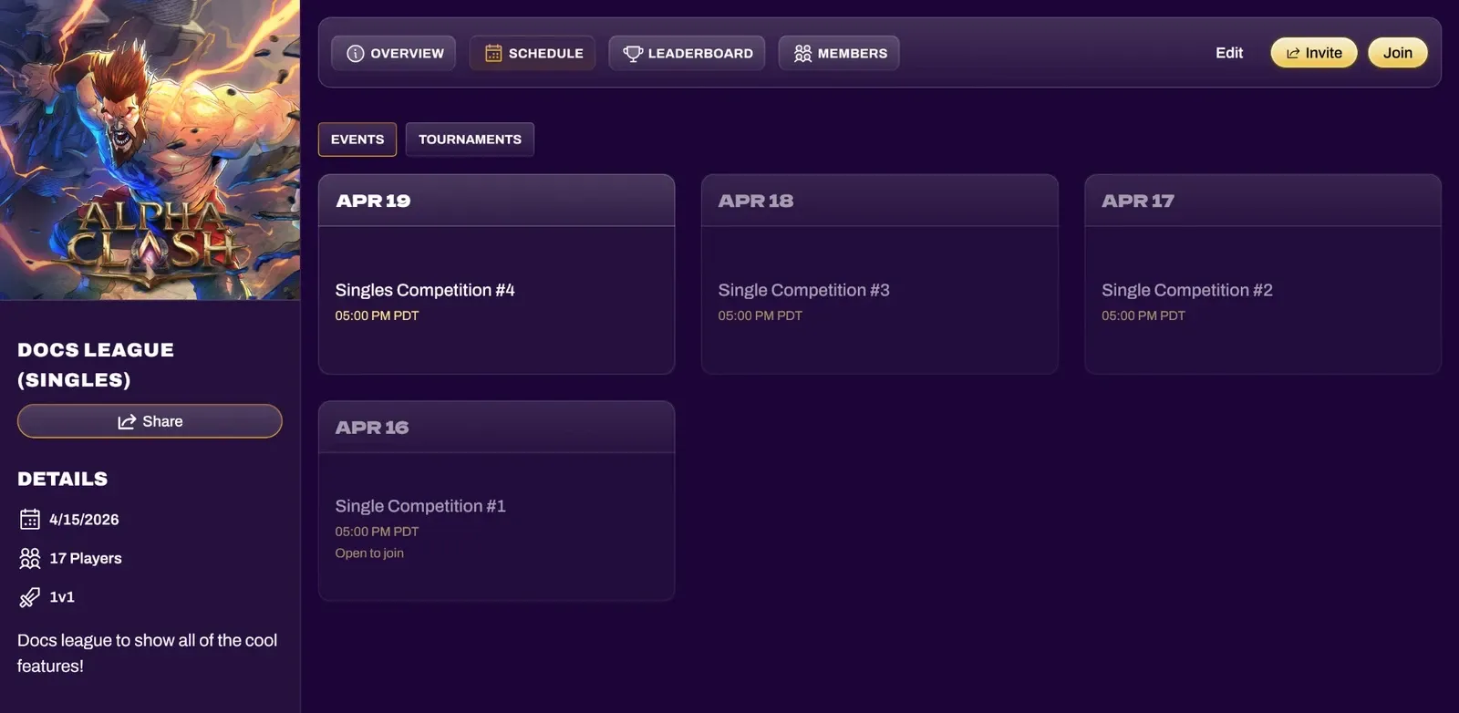 Screenshot of the league page's Schedule tab with upcoming and past events
