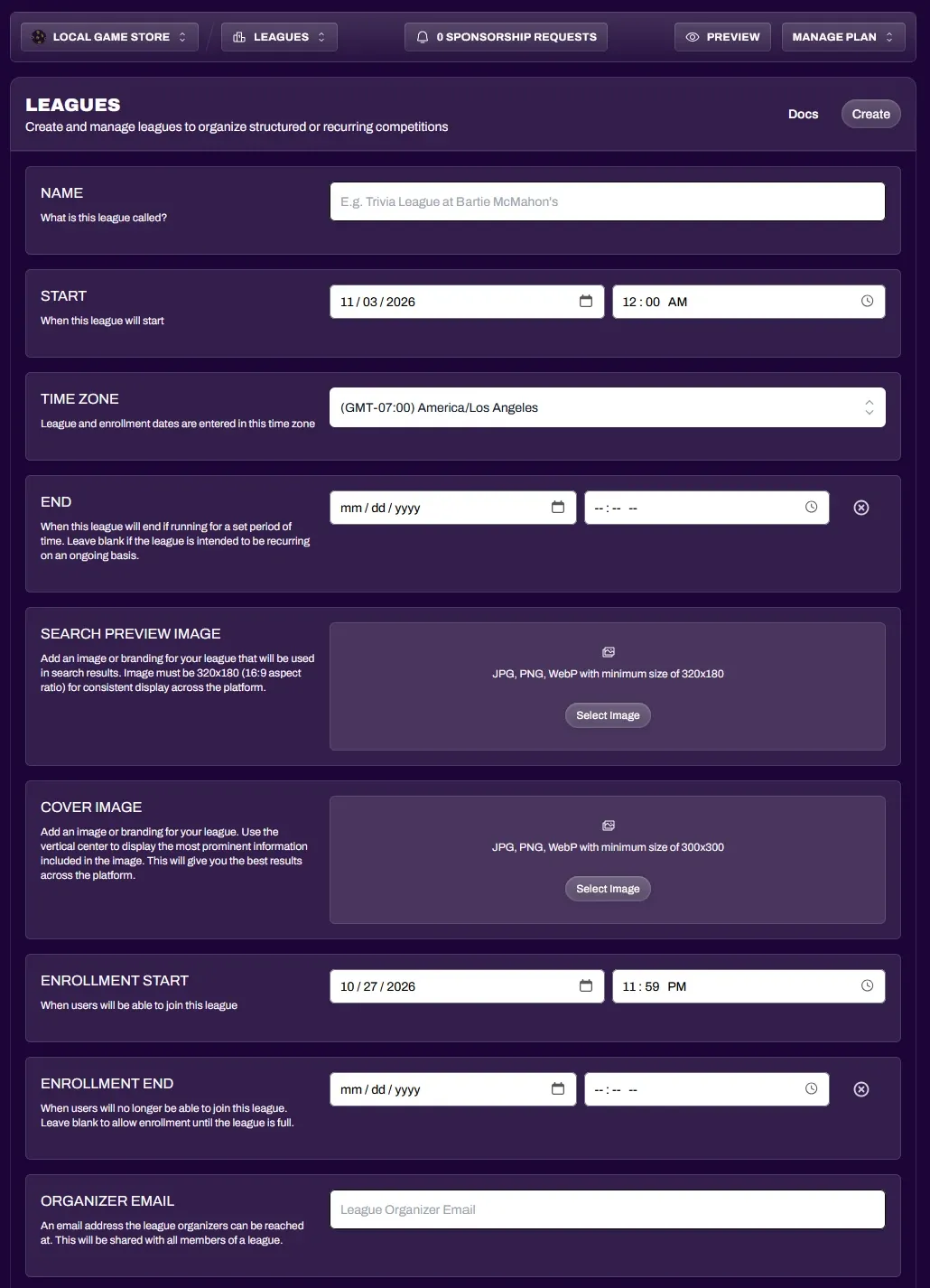 Screenshot of the league creator's name, dates, time zone, images, enrollment dates, and organizer email
