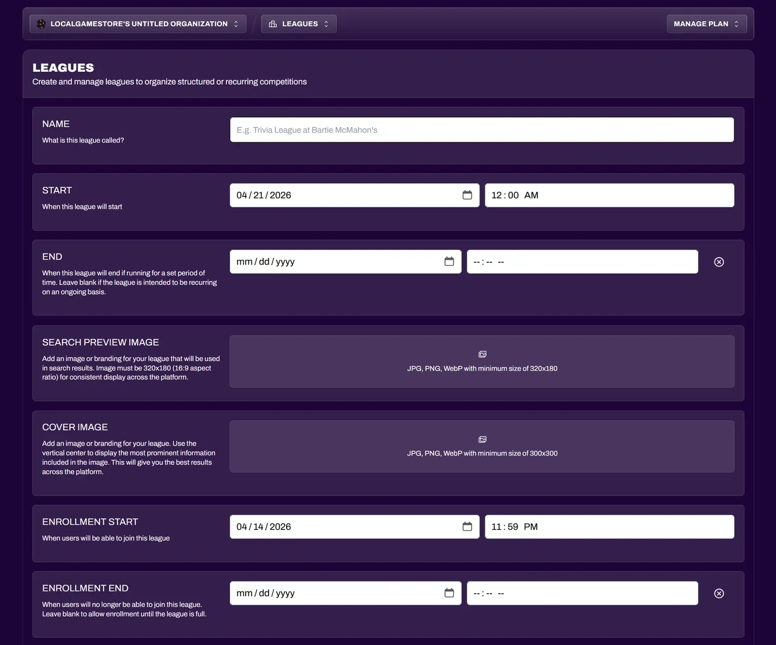 Screenshot of the league creator