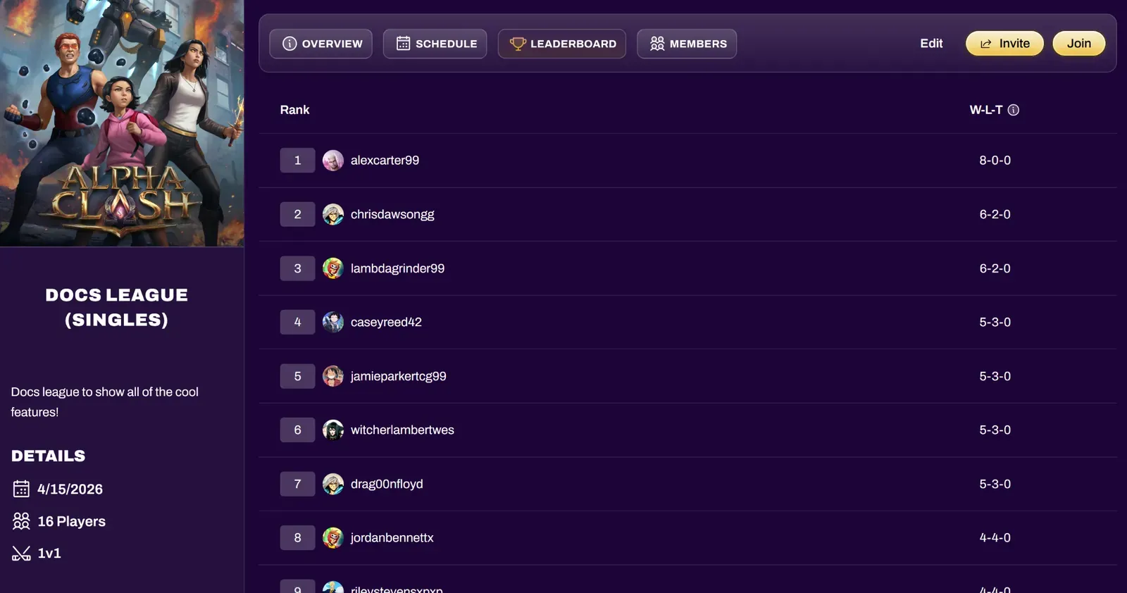 Screenshot of the League Leaderboard