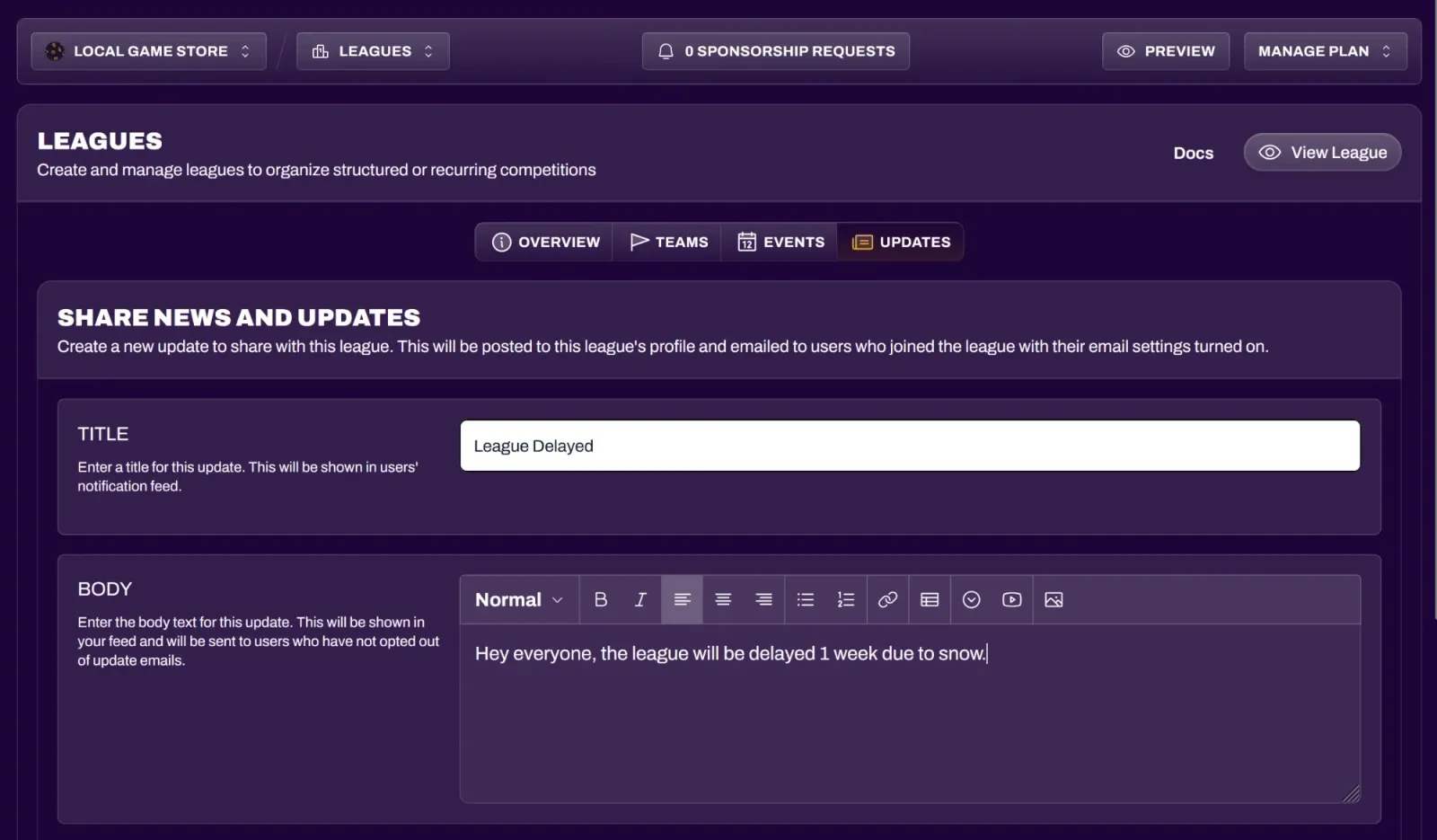 Screenshot of the Updates tab in the League Editor