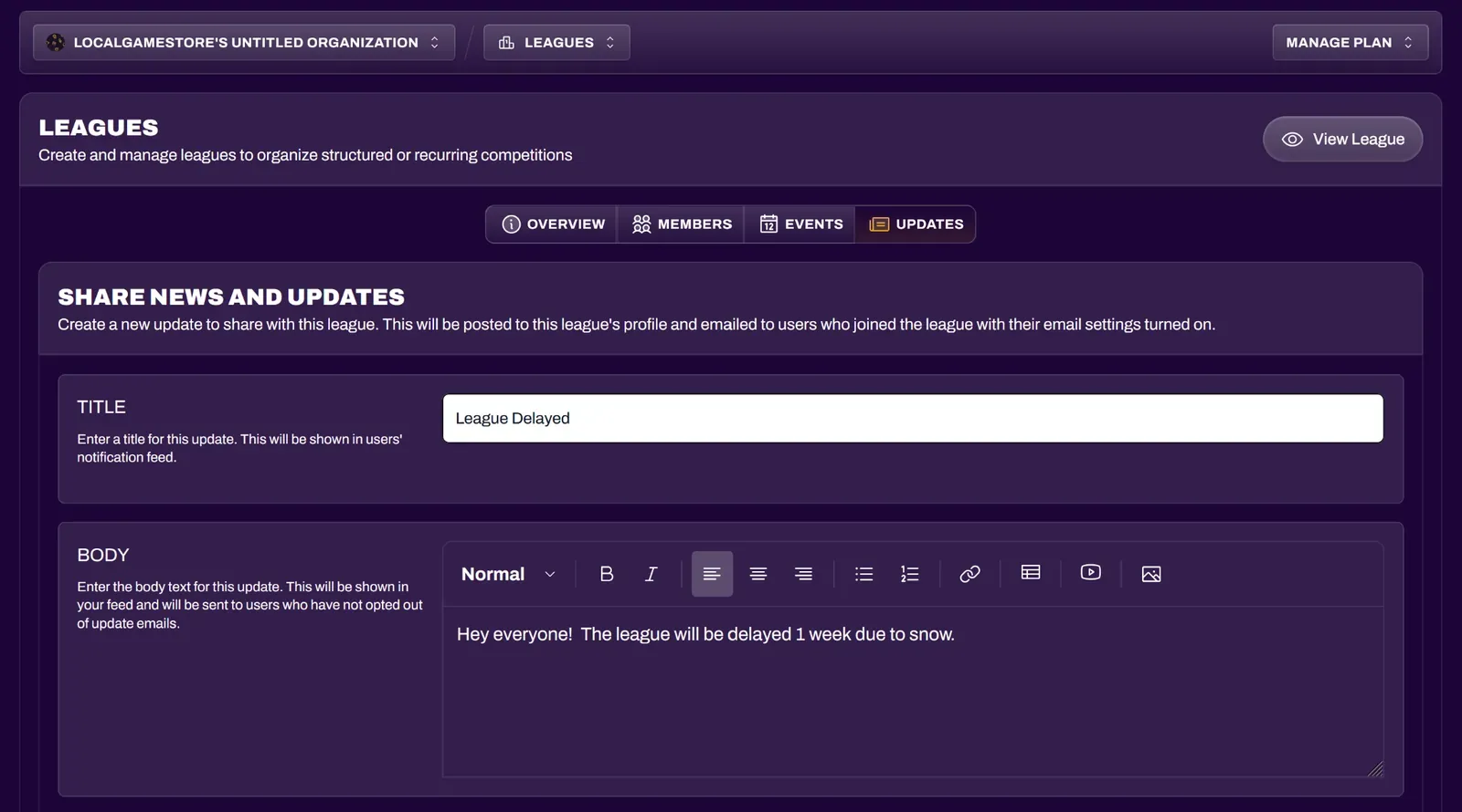 Screenshot of the Updates tab in the League Editor