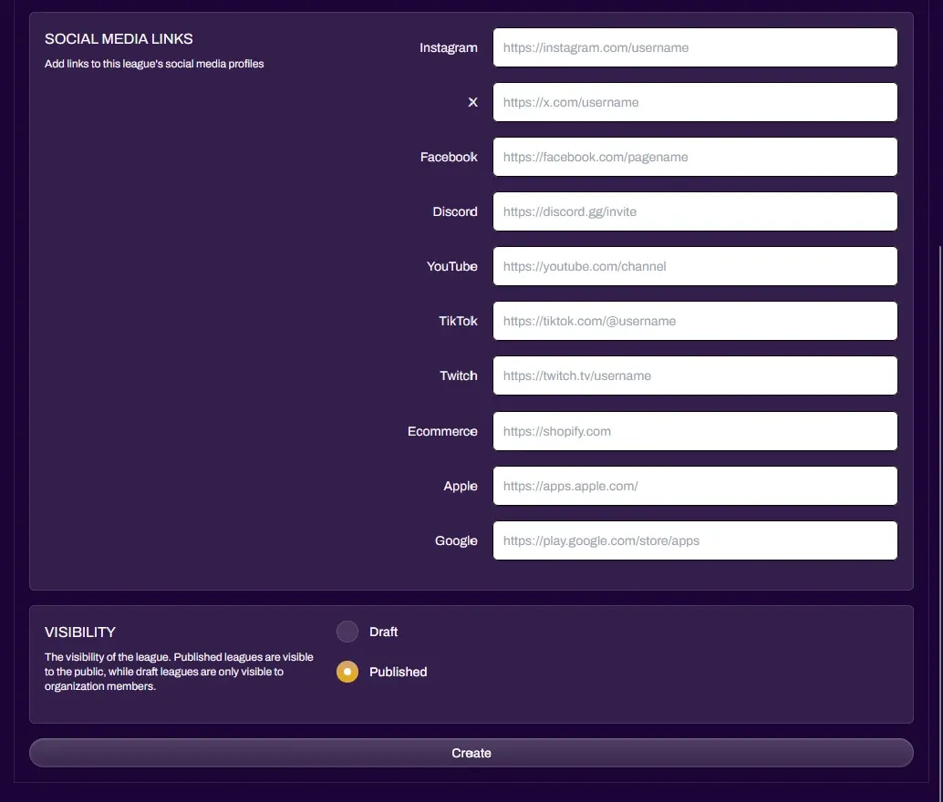 Screenshot of the league creator's social media links, visibility, and Create button