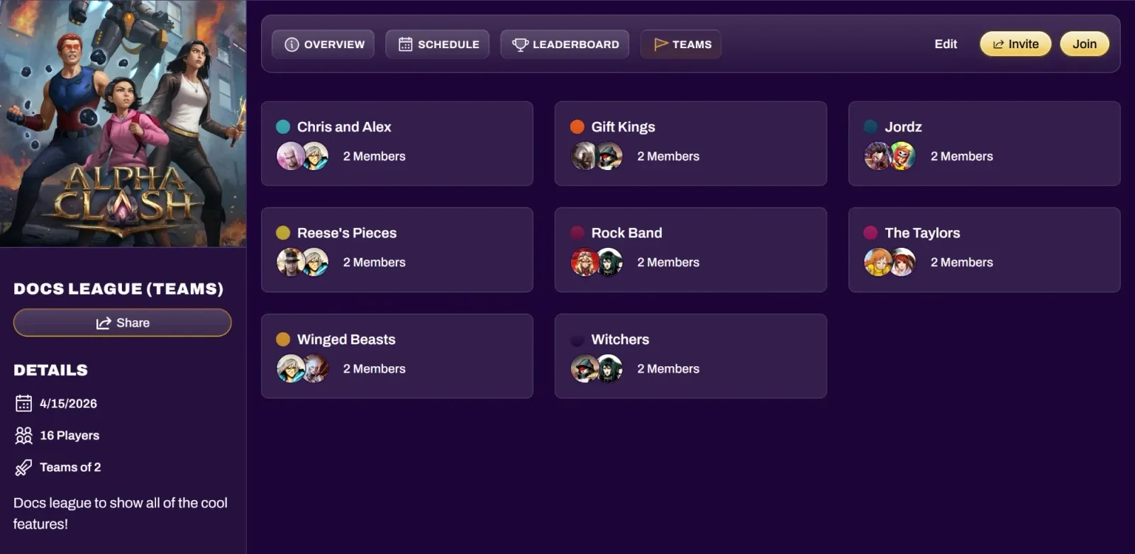 Screenshot of the Teams tab on the league page