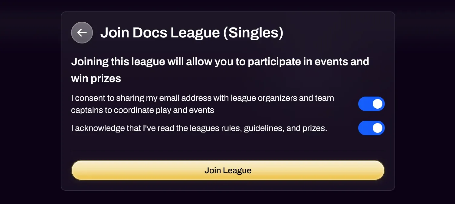 Screenshot of the Join window with the email sharing and rules toggles and the Join League button
