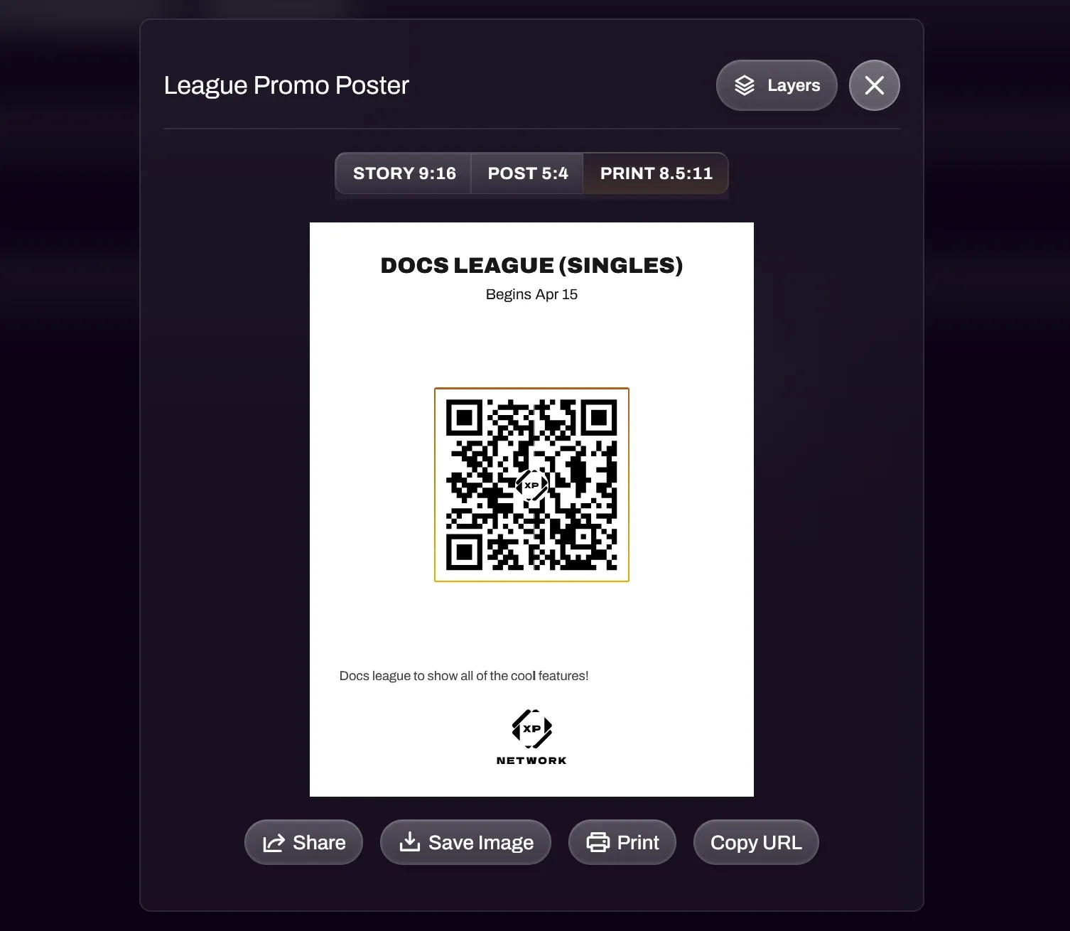 Screenshot of the League Promo Poster with the Print format selected