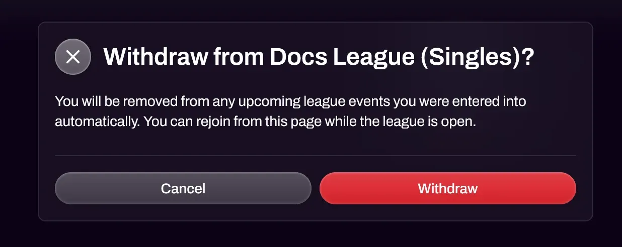 Screenshot of the Withdraw confirmation window on the league page