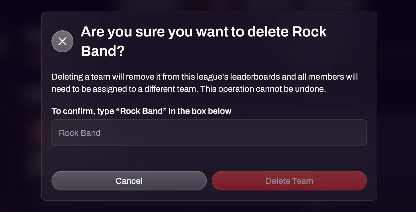 Screenshot of the delete team confirmation asking you to type the team's name
