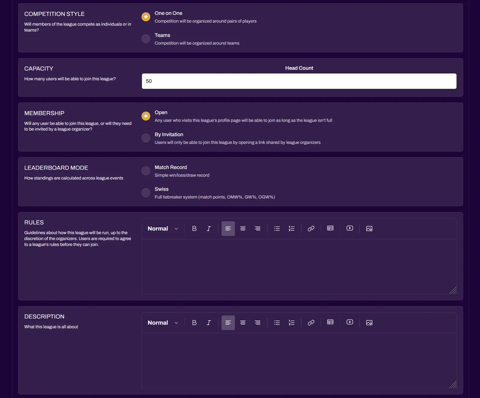 Screenshot of the league membership and enrollment settings