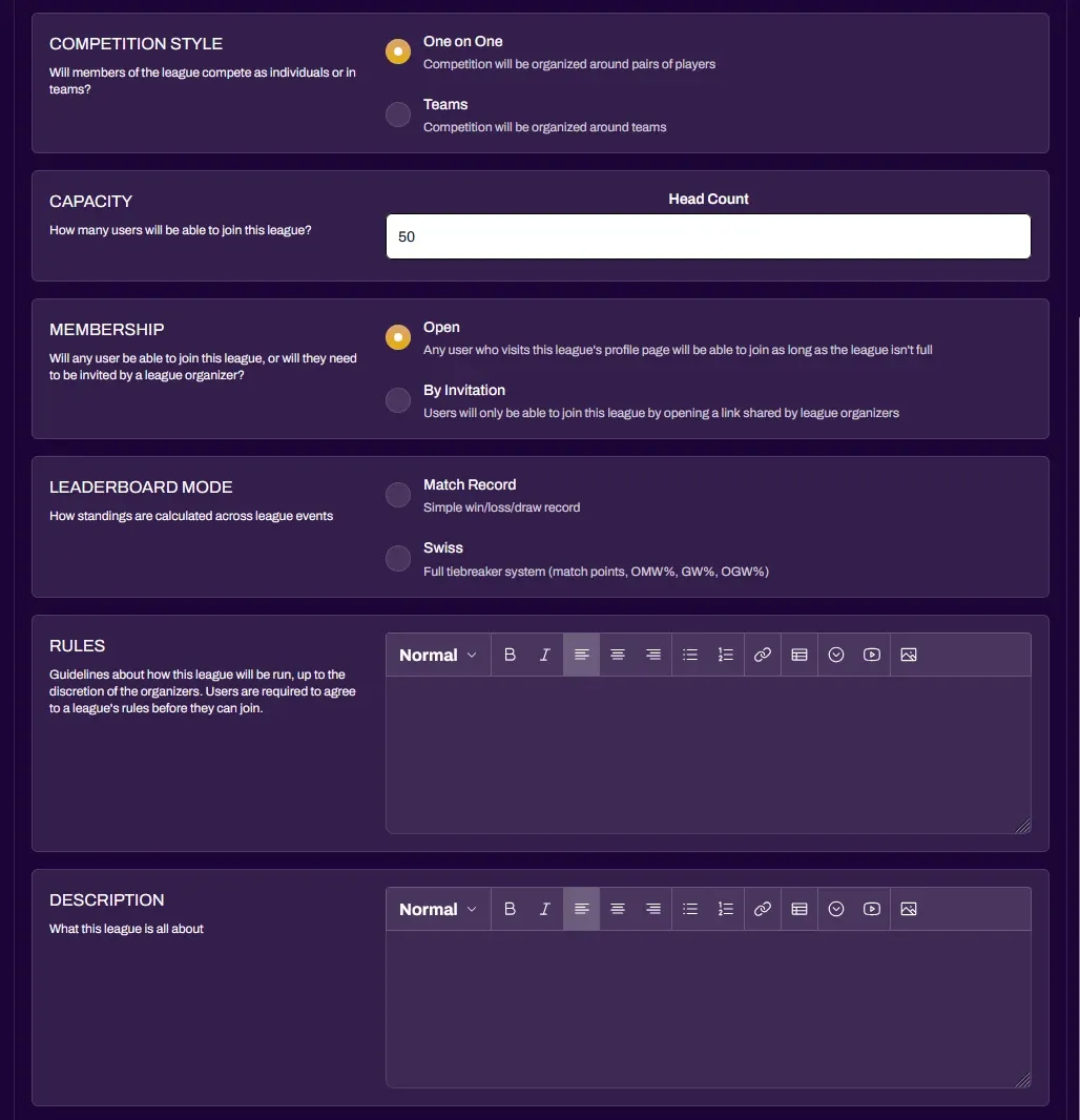 Screenshot of the league creator's competition style, capacity, membership, leaderboard mode, rules, and description