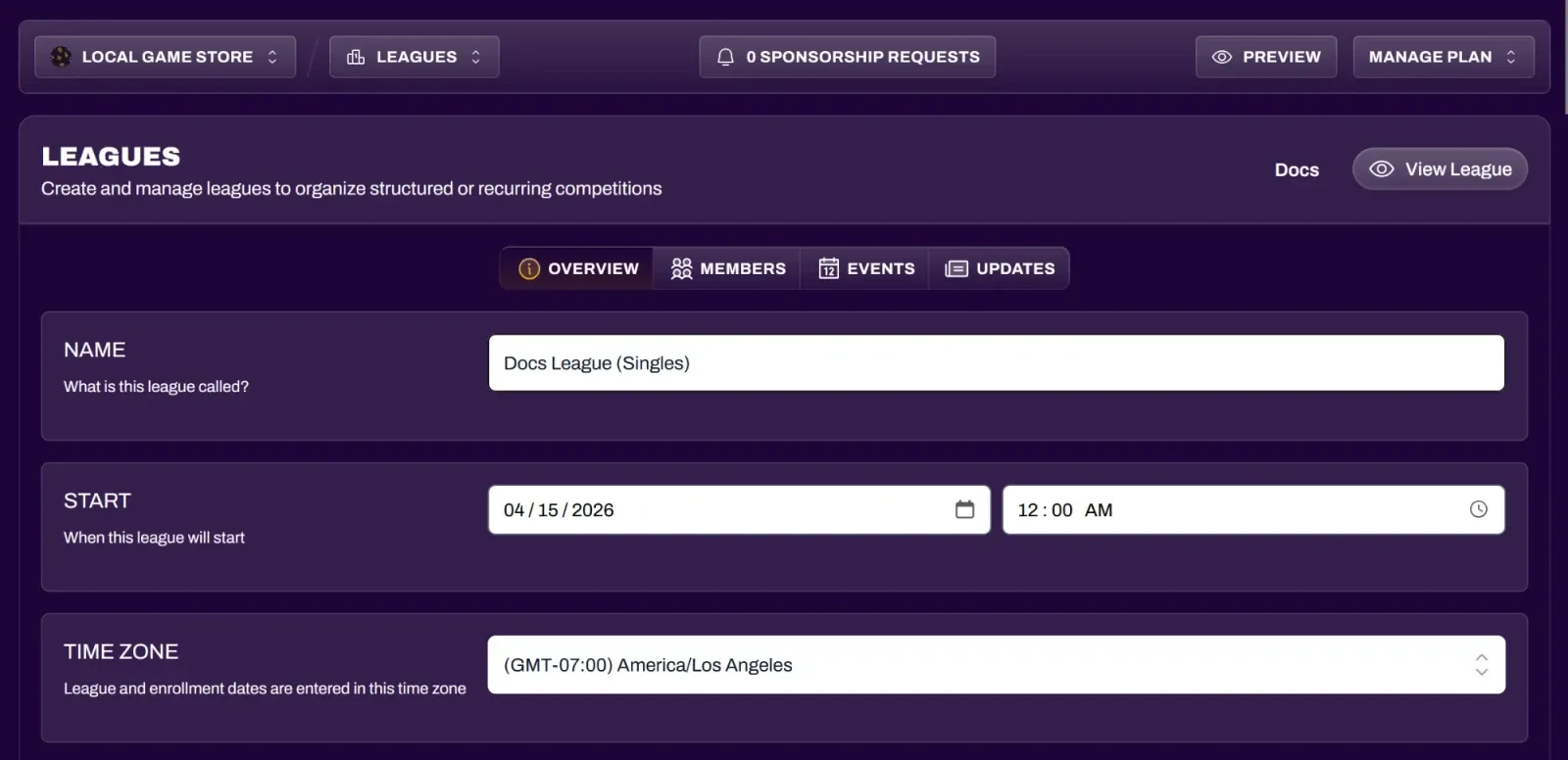 Screenshot of the League Editor with its tabs and the View League button
