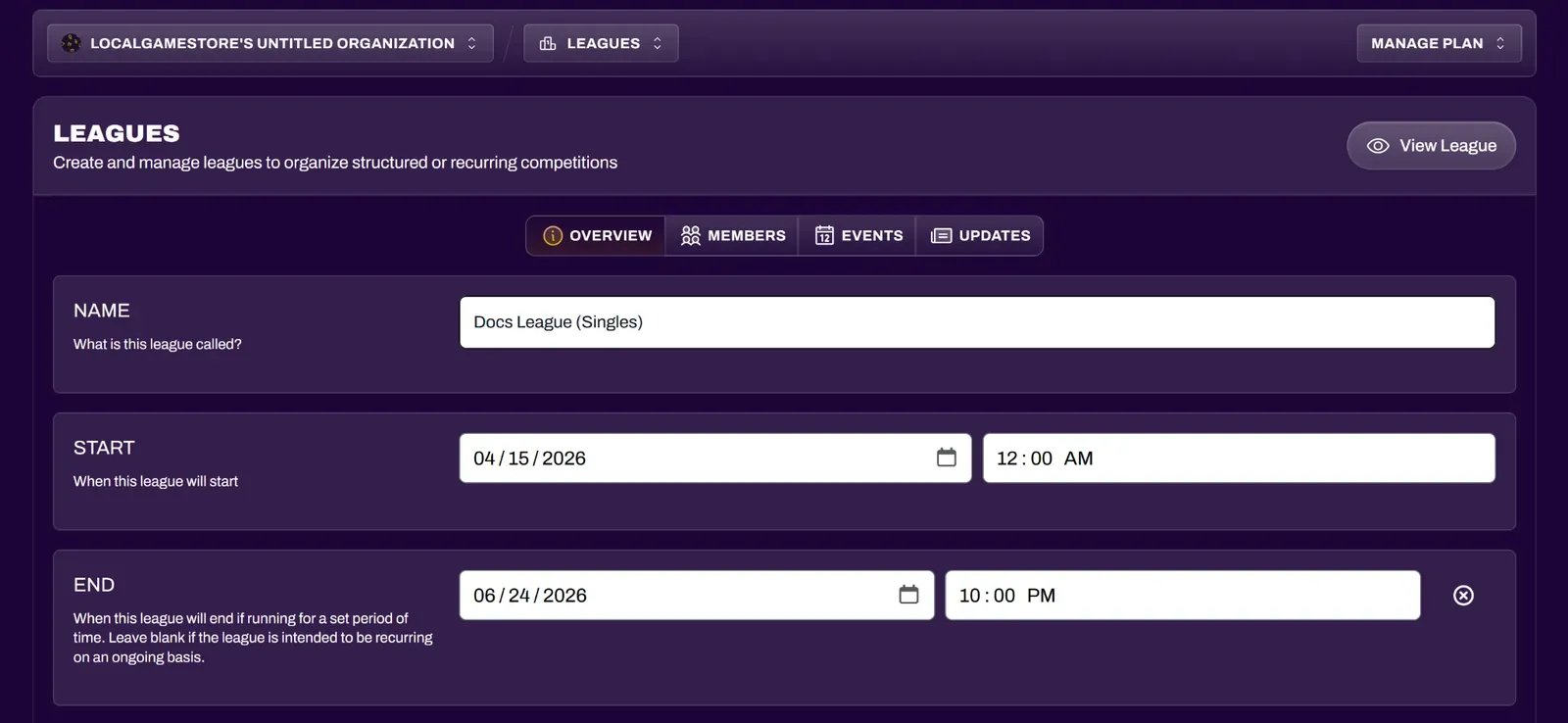 Screenshot of the League Editor and View League toggle