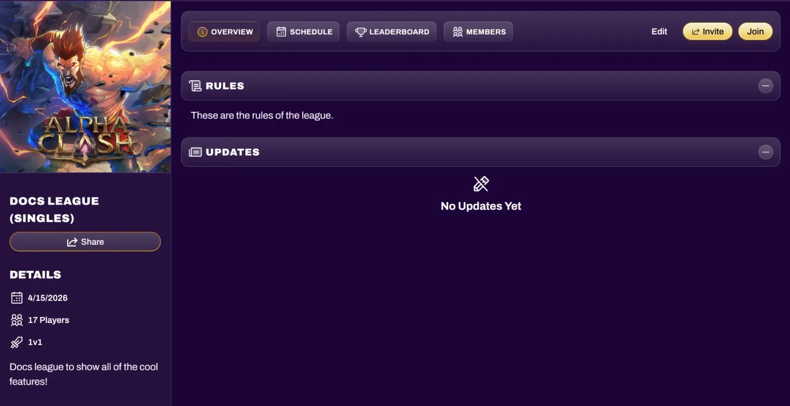 Screenshot of the league page in organizer view with the Edit, Invite, Join, and Share buttons
