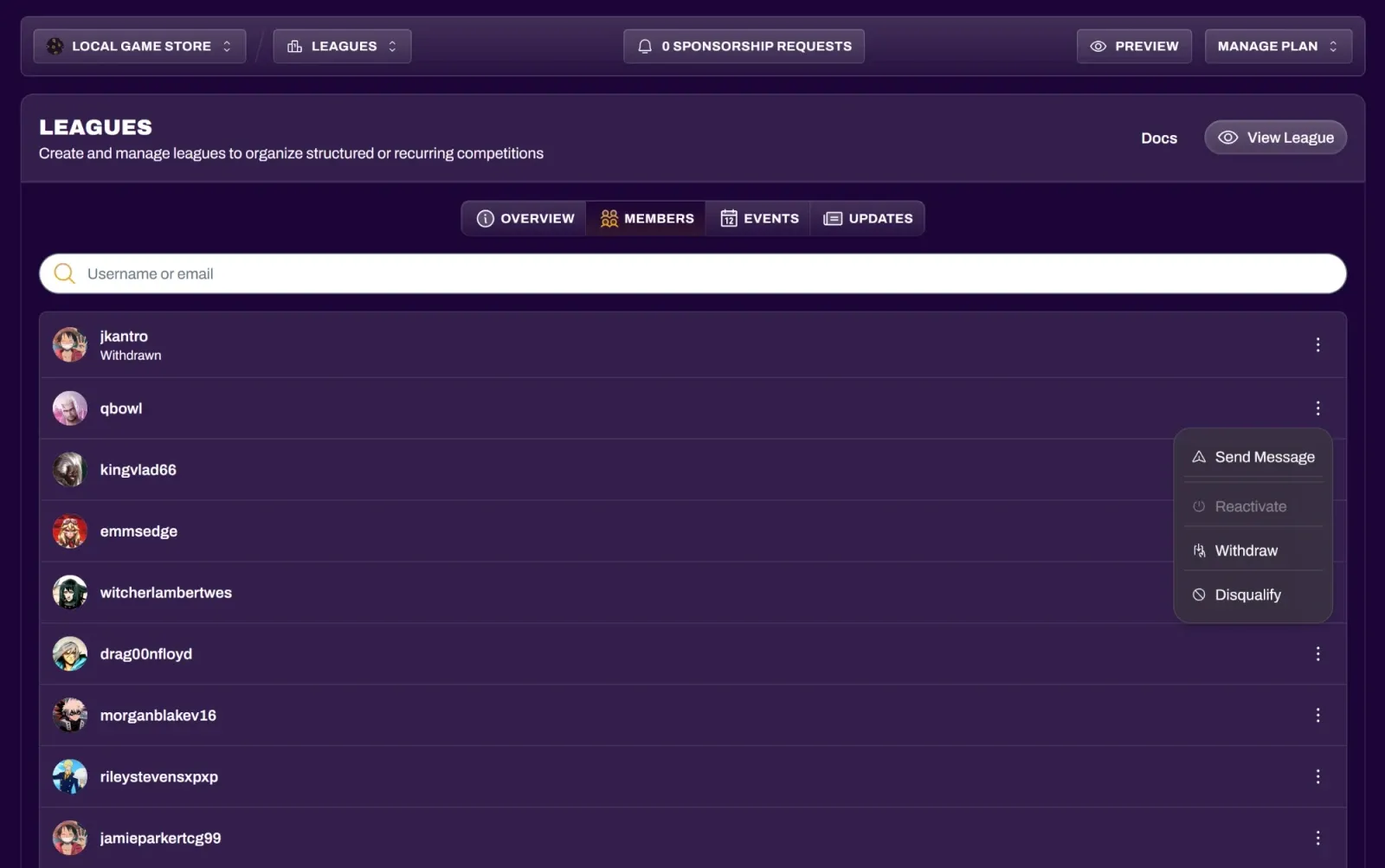 Screenshot of the Members tab in the League Editor with a member's actions menu open