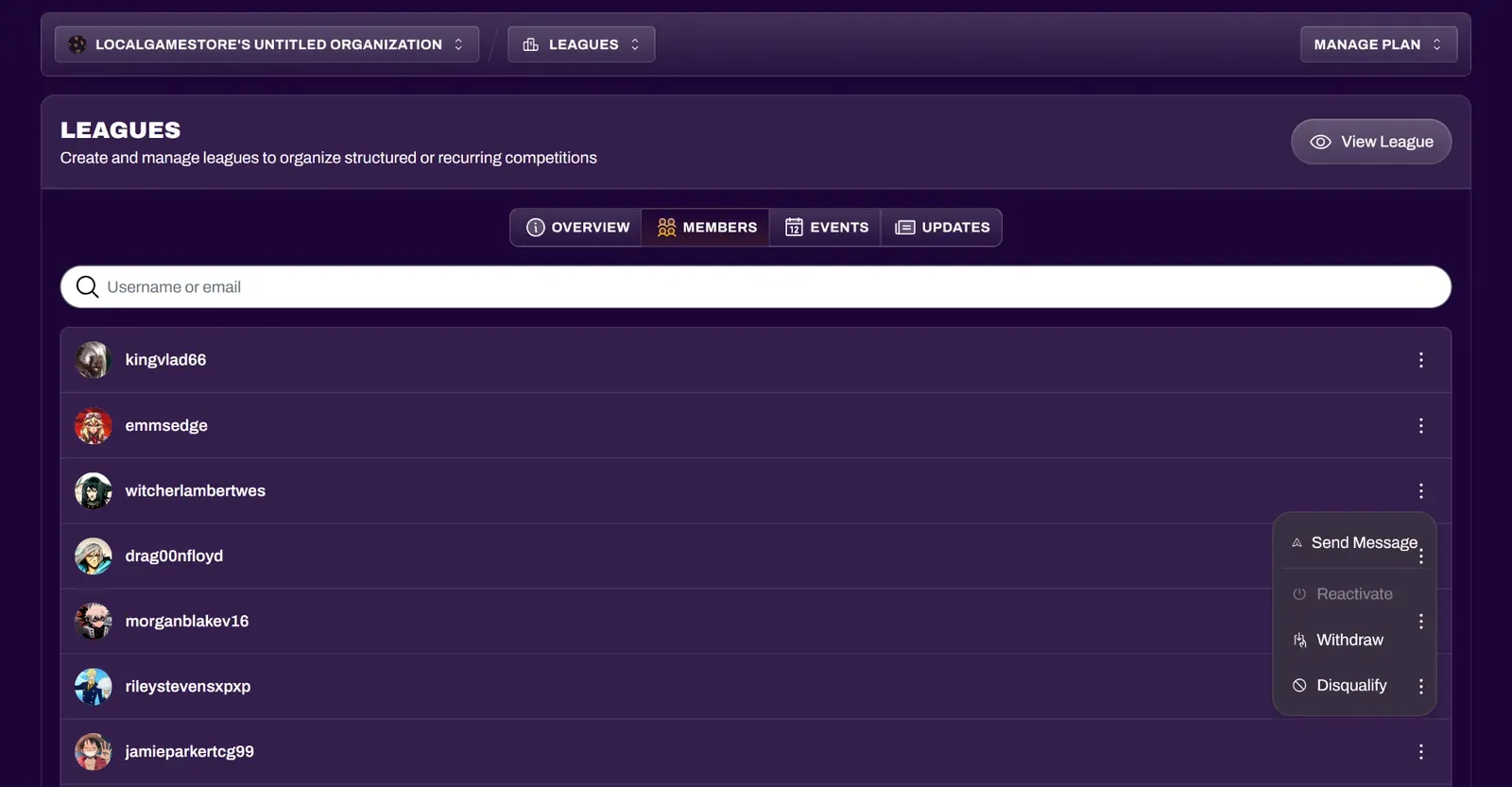Screenshot of the Members tab in the League Editor
