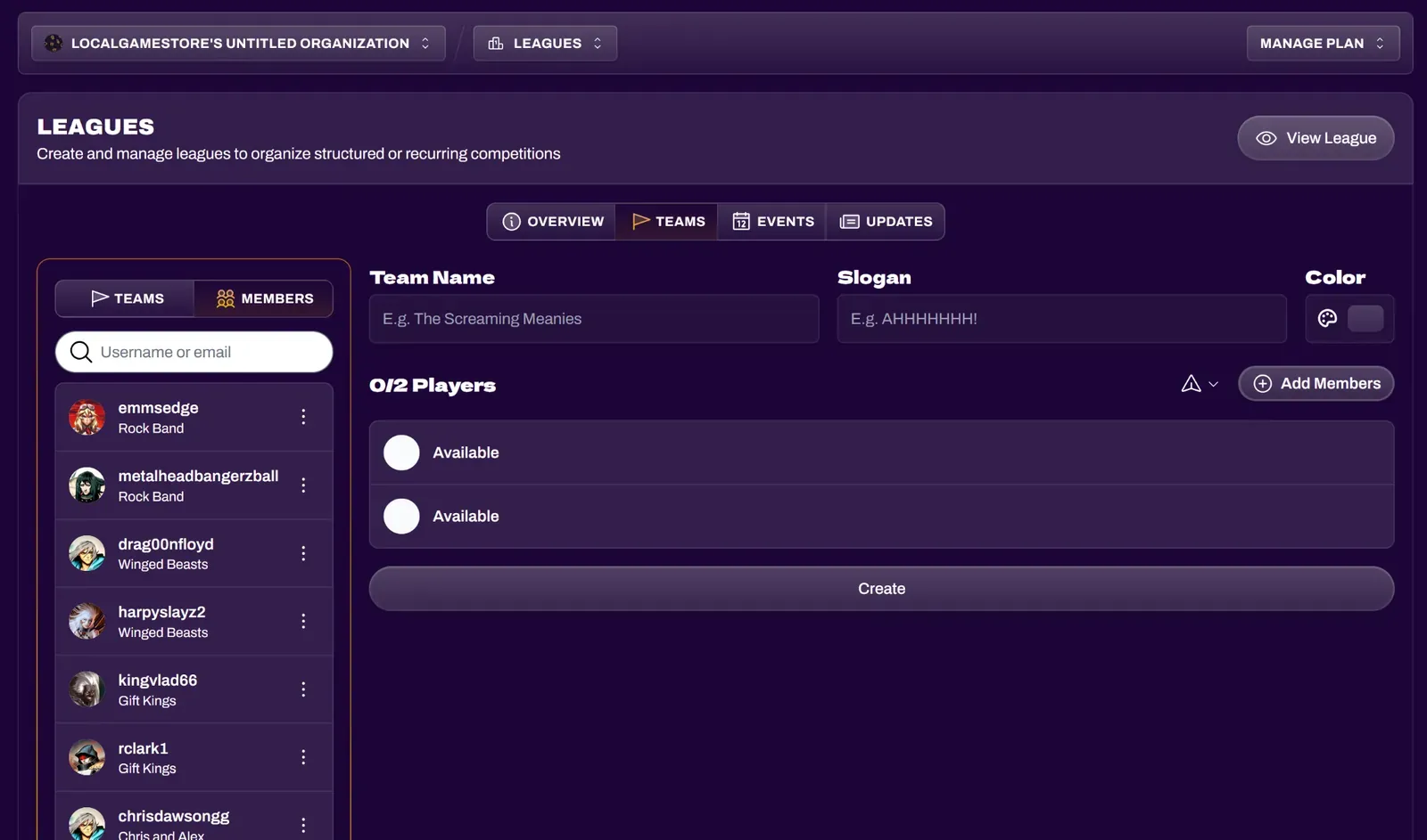 Screenshot of the team creation form with Team Name, Slogan, and Add Members fields