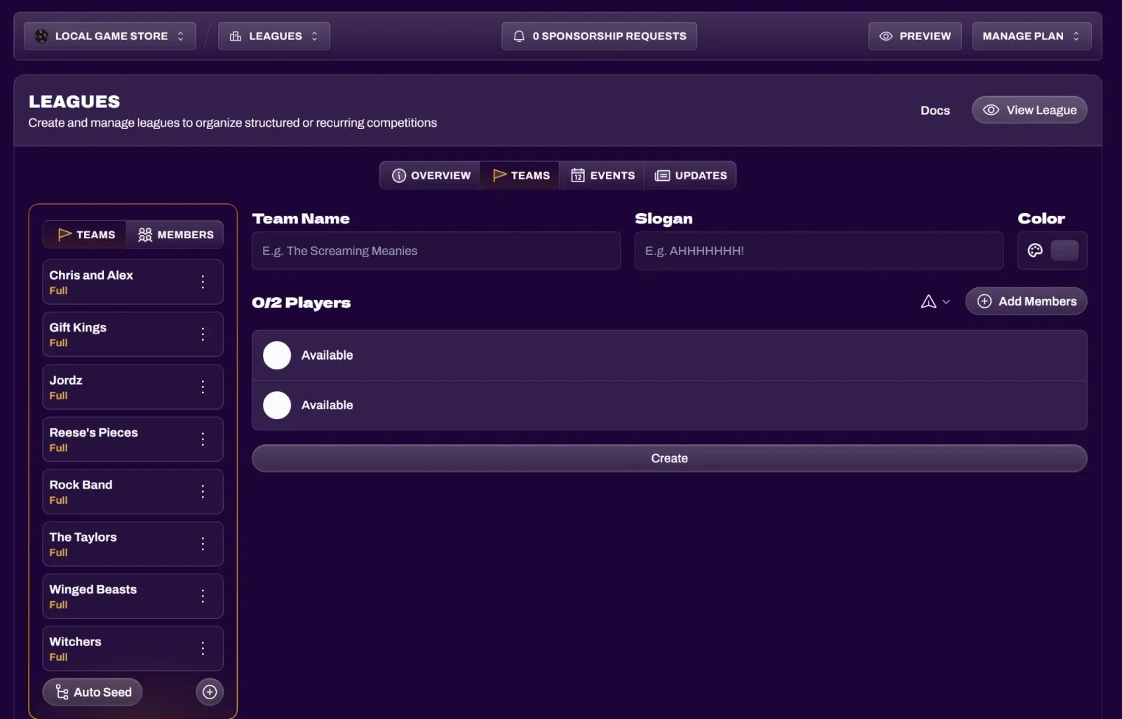 Screenshot of the team creation form with Team Name, Slogan, and Add Members fields
