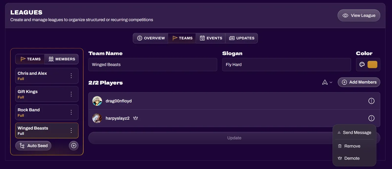 Screenshot of the Promote and Demote captain controls