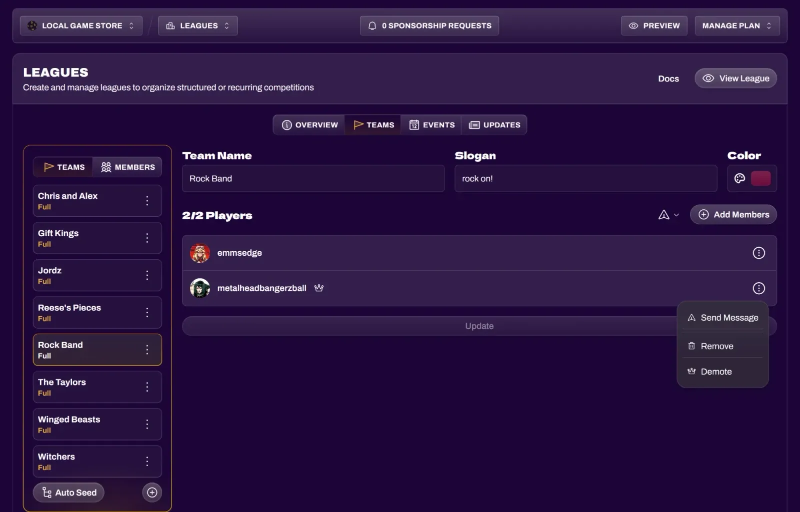 Screenshot of a team's roster with a captain's menu open showing Send Message, Remove, and Demote