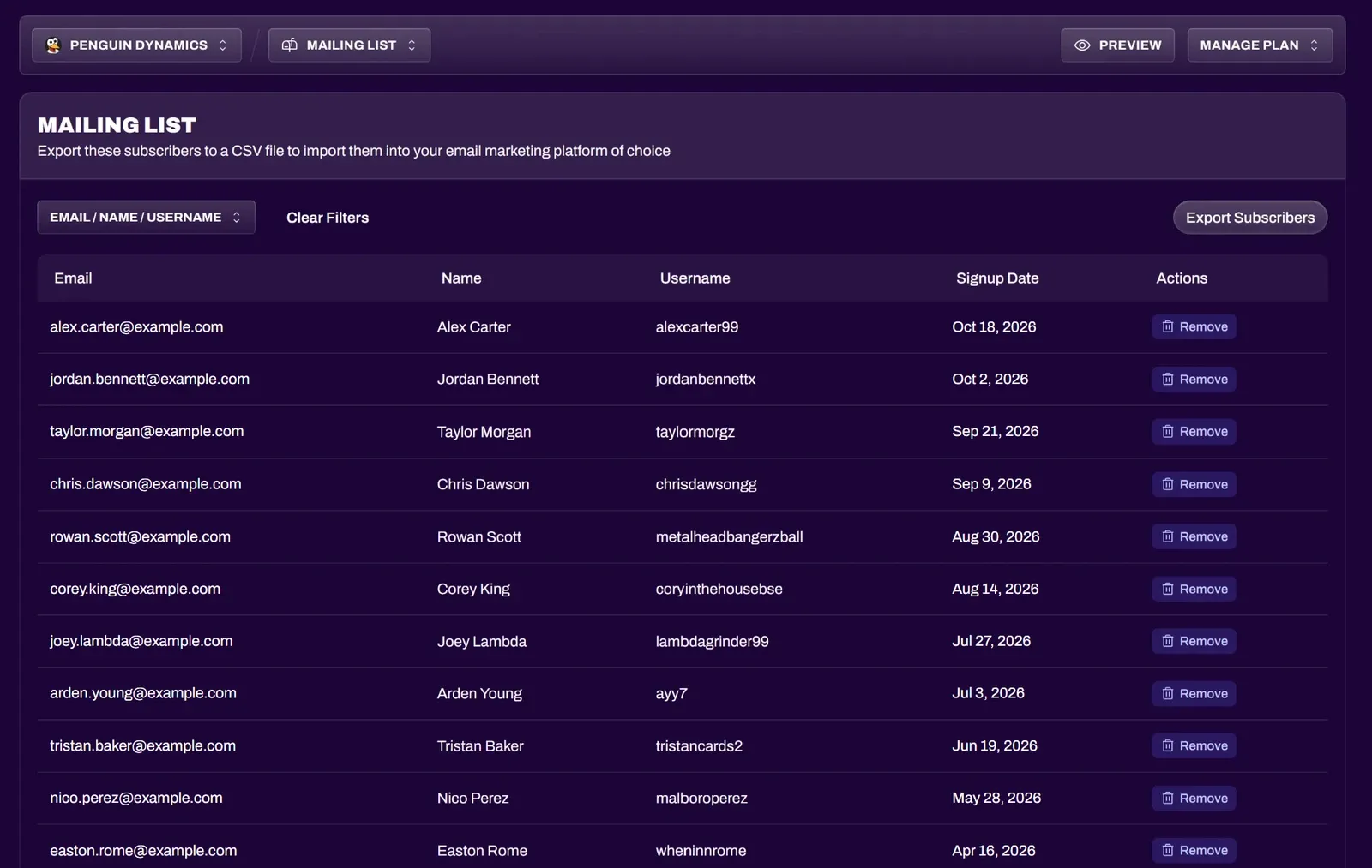 Screenshot of the Mailing List tab