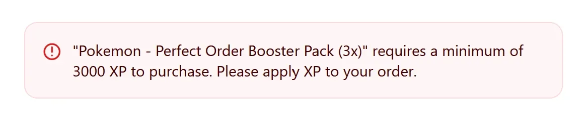Screenshot of the checkout error for a product that requires a minimum XP spend