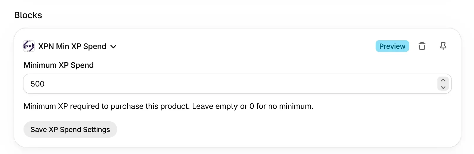 Screenshot of the XPN Min XP Spend block on a Shopify product