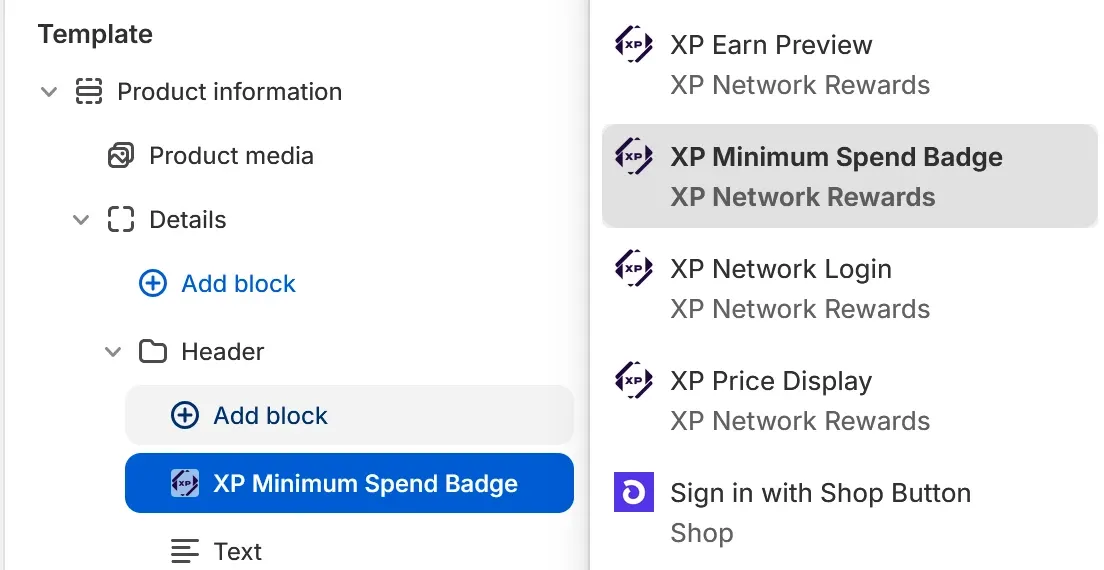 Screenshot of the XP Minimum Spend Badge in the Add block menu of the Shopify theme editor