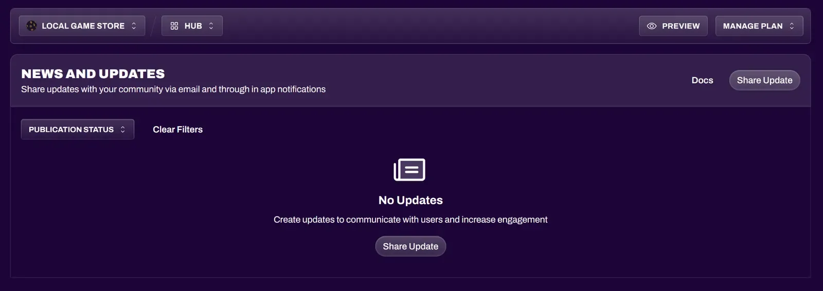 Share Update button and publication status filter