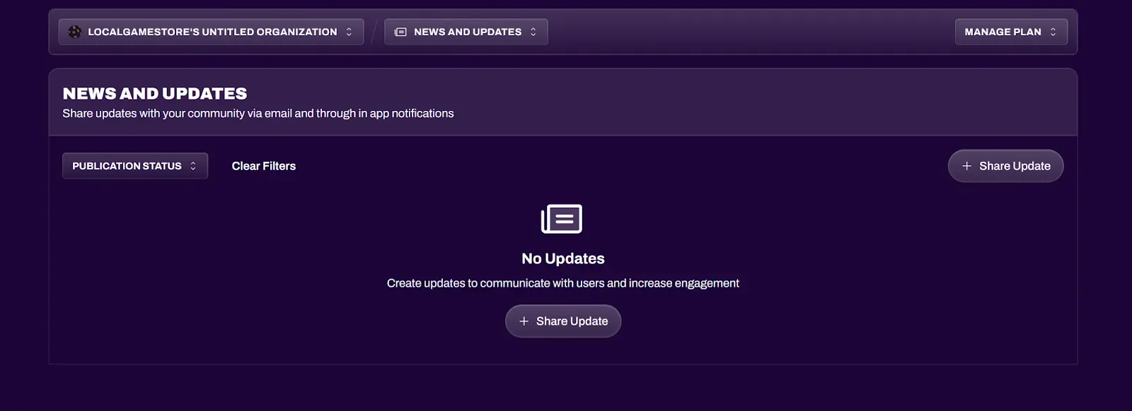 Share Update button and publication status filter