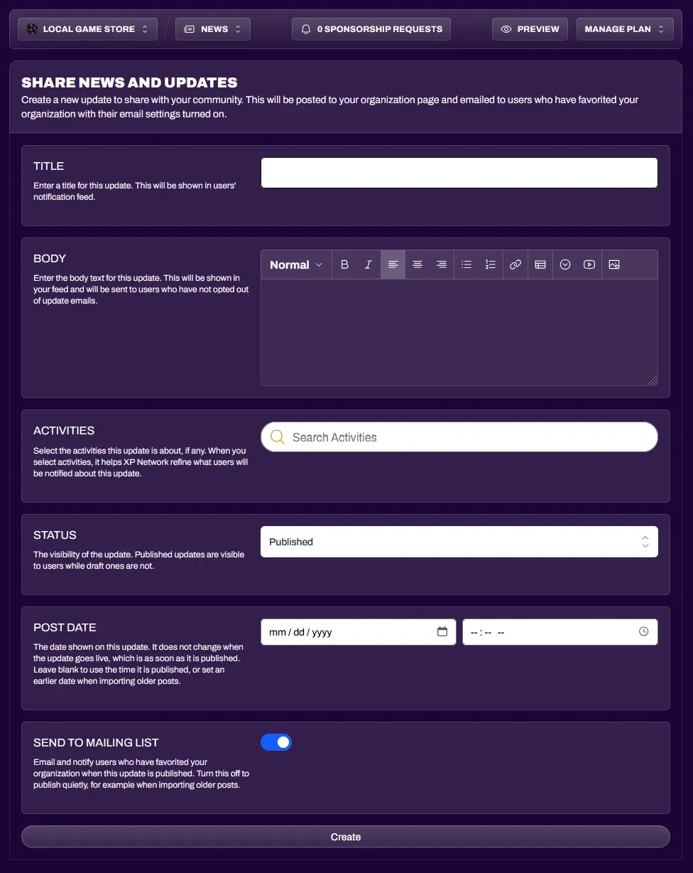 Screenshot of the Share News and Updates form