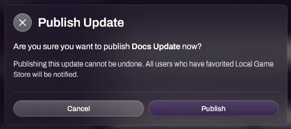 Screenshot of the Publish Update confirmation with Send to Mailing List on