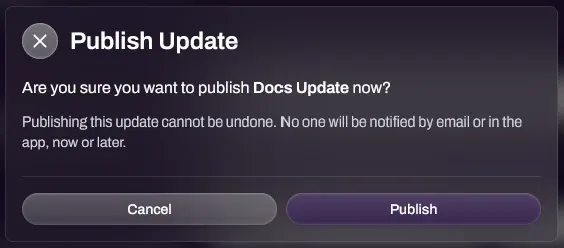 Screenshot of the Publish Update confirmation with Send to Mailing List off