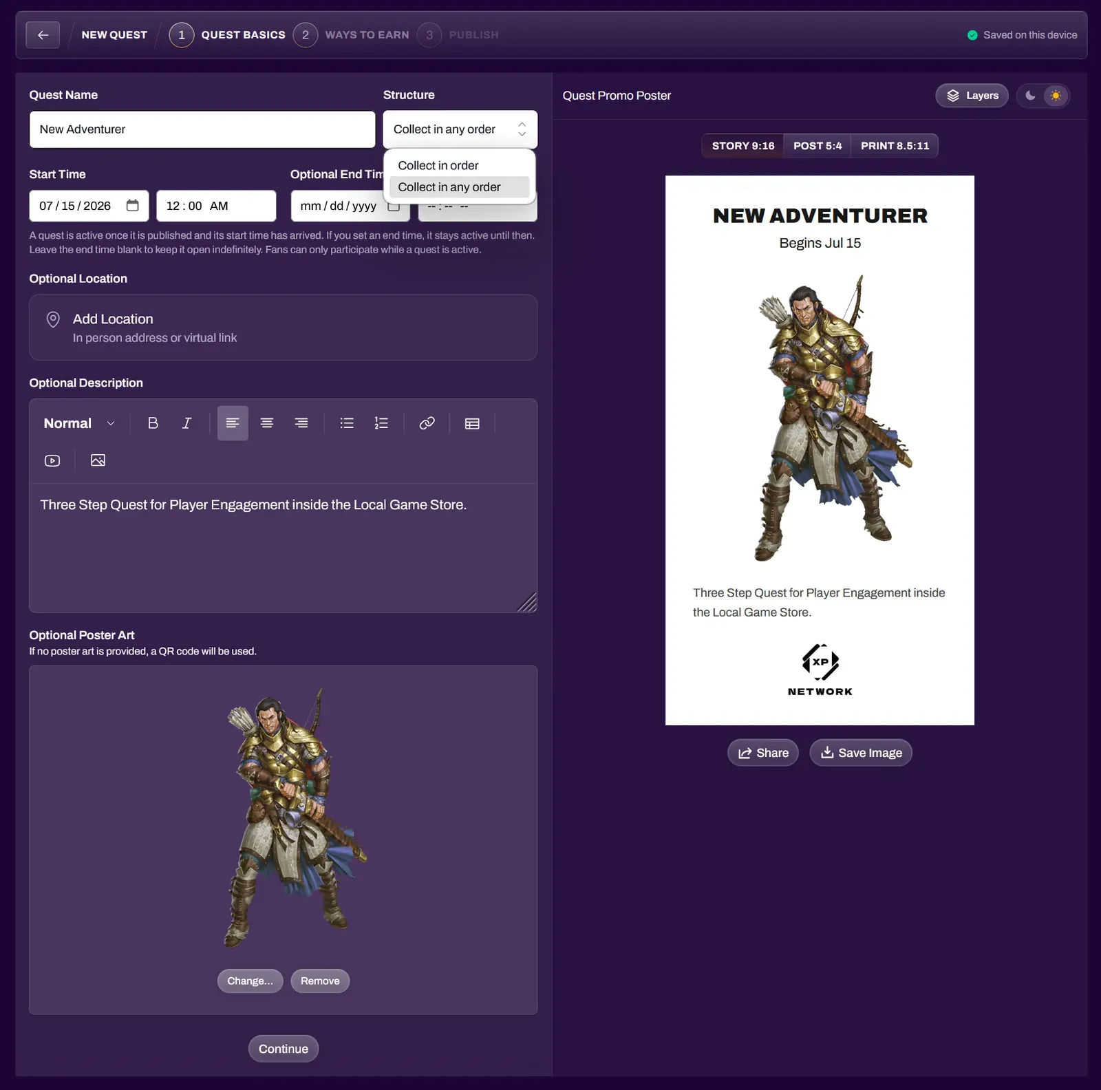 Screenshot of the Quest Basics step