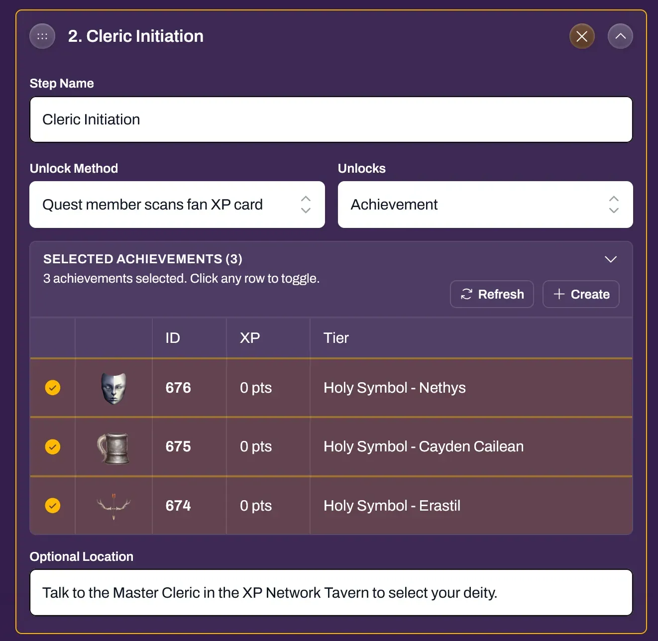 Screenshot of the Achievements and XP configuration