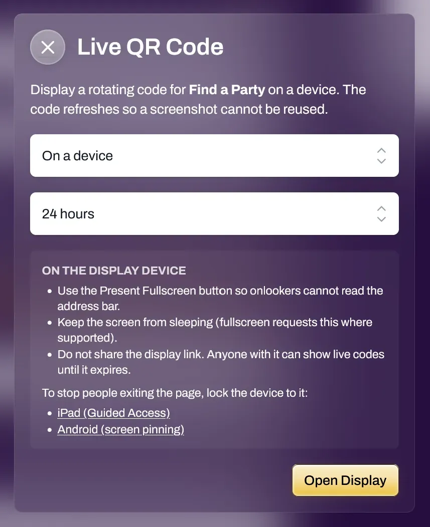 Screenshot of the Live QR Code dialog