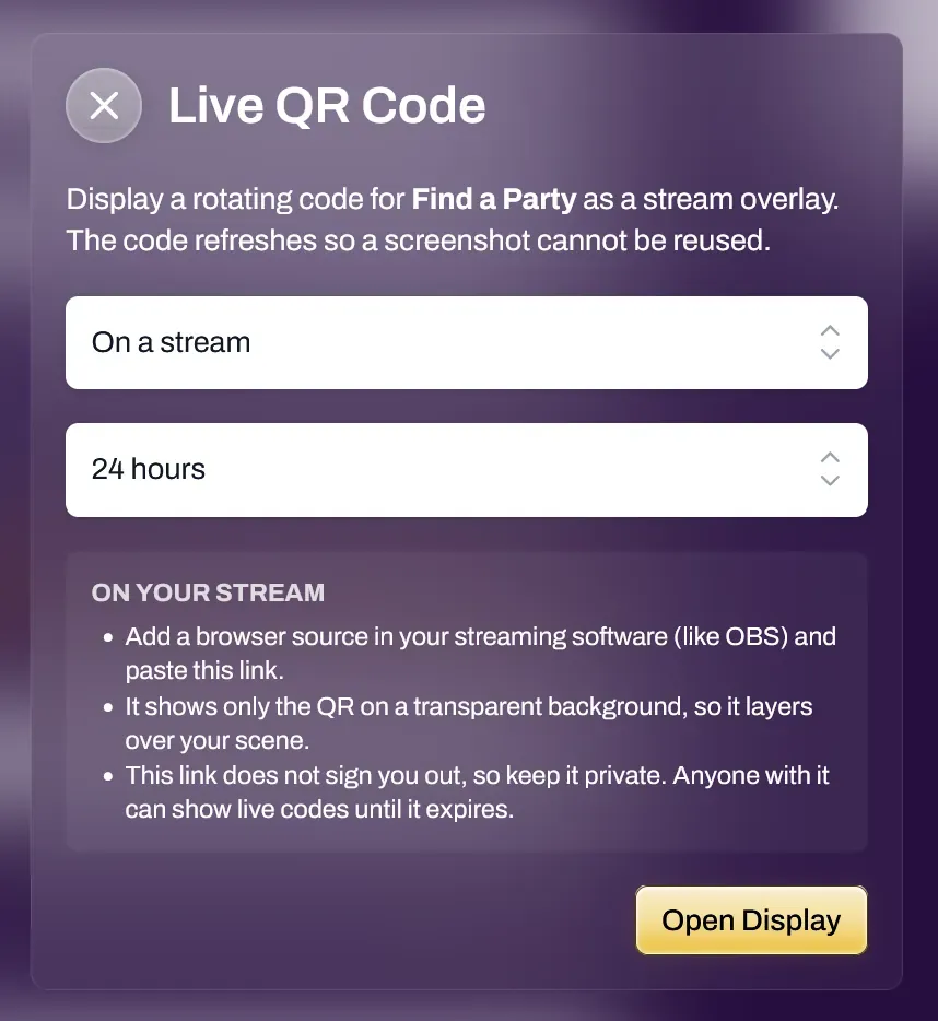 Screenshot of the Live QR Code display