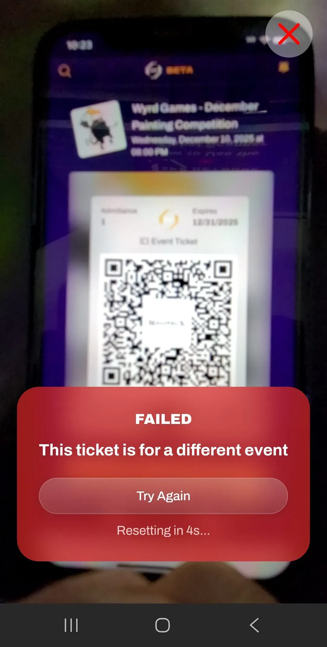 Screenshot of a wrong-event ticket error