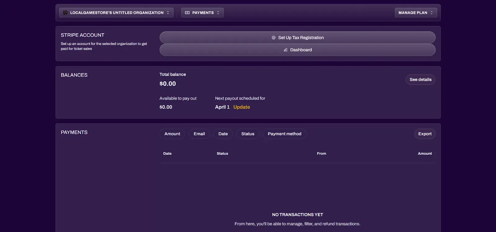 Payments section after Stripe is linked