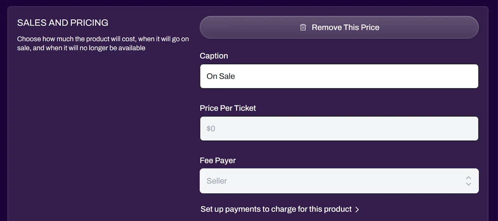 Example of ticket prices locked to $0 without Stripe linked
