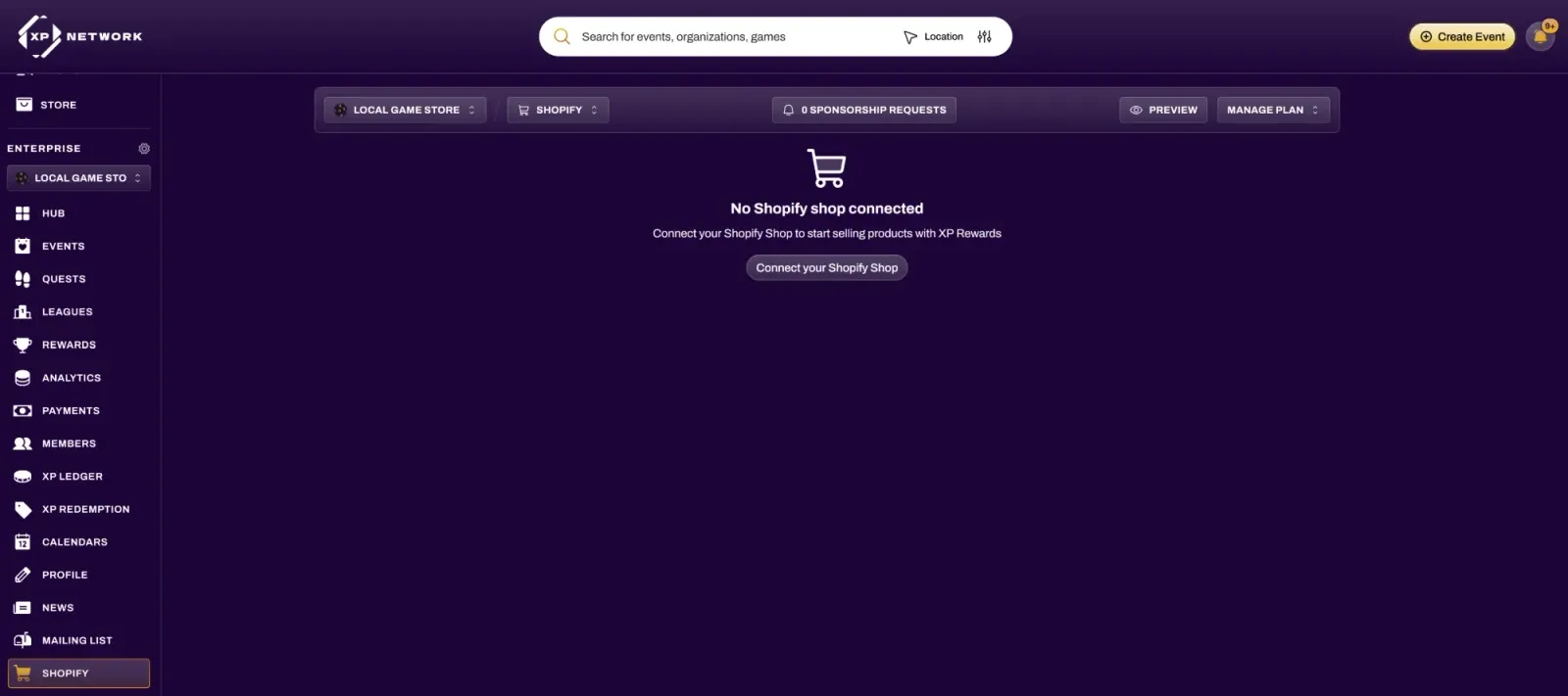 Screenshot of the Shopify page in the XP Network Hub before a store is connected