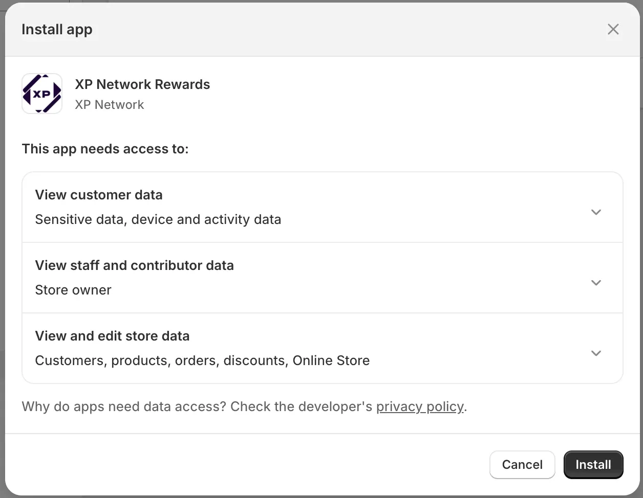 Screenshot of the XP Network Rewards install dialog in Shopify