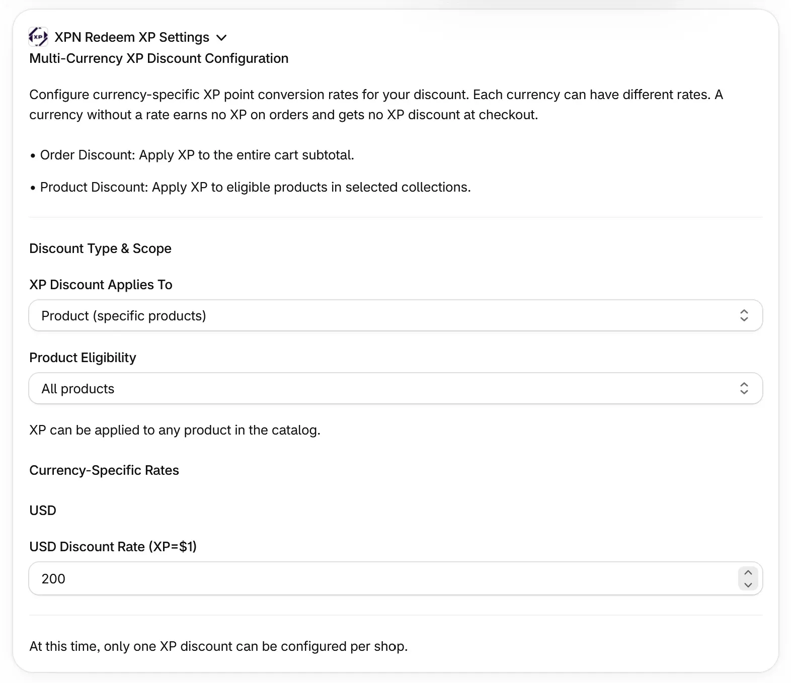 Screenshot of the XPN Redeem XP Settings for an XP discount in Shopify